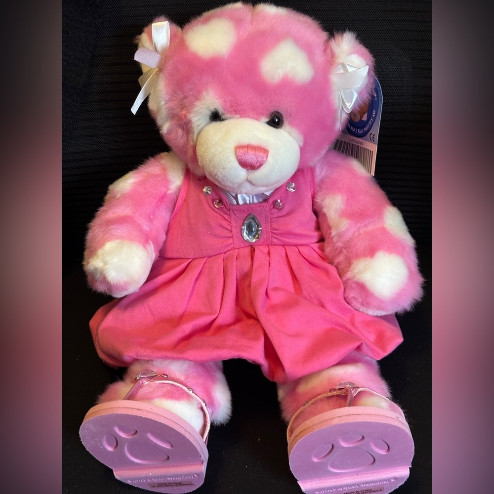 Build a Bear workshop pink hearts teddy bear with dress and flip flops NWT